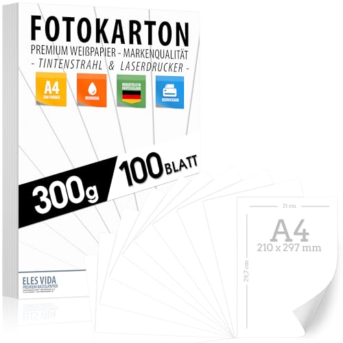 100 BLATT weisser Bastelkarton 300g/m² – PREMIUM PAPIER Reinweiß - DIN A4-21 x 29,7 cm - Druckerpapier Weiss unbedruckt für Fotografie, Präsentationen,Basteln, FOTOKARTON, Karton - MADE IN GERMANY von ELES VIDA