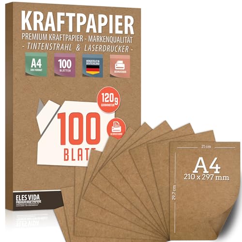 100 Blatt Kraftpapier A4 Set - 120 g - 21 x 29,7 cm - DIN Format - Bastelpapier & Naturkarton Pappe Blätter aus Kraftkarton zum Drucken, Kartonpapier Basteln für Vintage Hochzeit Geschenke Etiketten von ELES VIDA