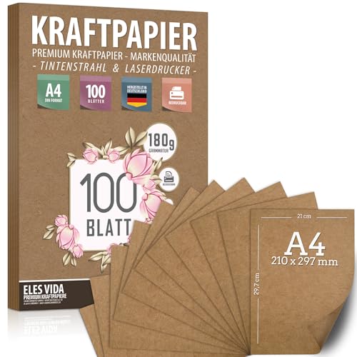 100 Blatt Kraftpapier A4 Set - 180 g - 21 x 29,7 cm - DIN Format - Bastelpapier & Naturkarton Pappe Blätter aus Kraftkarton zum Drucken, Kartonpapier Basteln für Vintage Hochzeit Geschenke Etiketten von ELES VIDA