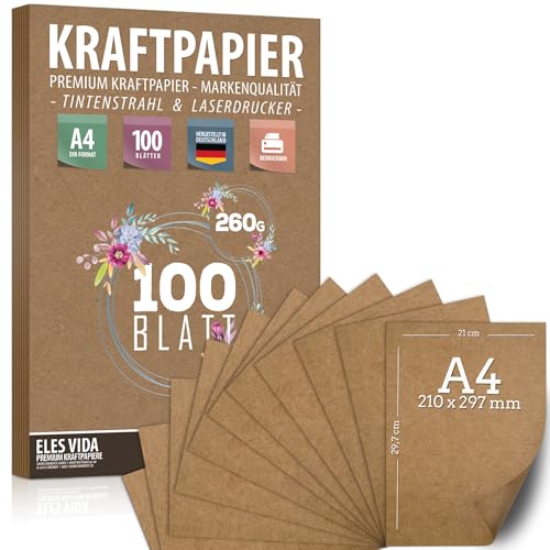 100 Blatt Kraftpapier A4 Set - 260 g - 21 x 29,7 cm - DIN Format - Bastelpapier & Naturkarton Pappe Blätter aus Kraftkarton zum Drucken, Kartonpapier Basteln für Vintage Hochzeit Geschenke Etiketten von ELES VIDA