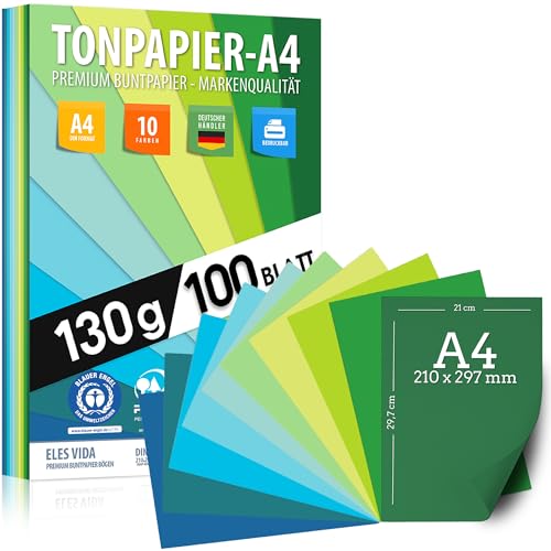 100 Blatt TONPAPIER - Papier DIN A4-130g/m² Set 10 Farben – Stabil Bastelpapier & Farbige Blätter, Kinder & DIY Bogen, Zubehör Marine - Grün - Gras - Blau Ozean - Natur farbend zum Basteln & Drucken von ELES VIDA