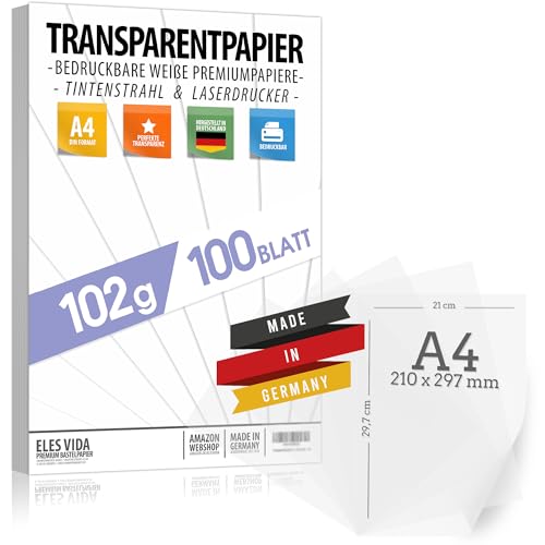 100 Blatt Transparentpapier 102 g/m² DIN A4 BEDRUCKBAR, Pauspapier Bastelpapier Pergamentpapier, Laternen selber machen – Drachenpapier zum Basteln - Bastelset Kinder - Transluzent Pergamynpapier von ELES VIDA