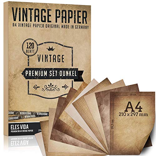 120 Blatt Altes Papier, Vintage DIN A4 bedruckbar - Urkunden Schatzkarten Bastelpapier, Kartonpapier, Bastel für Karten Hochzeit, Adel Geschenke, Nostalgie Briefpapier Geburtstag Ritter Piraten Dunkel 120 Blatt Altes Papier, Vintage DIN A4 bedruckbar - Urkunden Schatzkarten Bastelpapier, Kartonpapier, Bastel für Karten Hochzeit, Adel Geschenke, Nostalgie Briefpapier Geburtstag Ritter Piraten Dunkel von ELES VIDA
