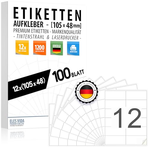 1200 Stück Adressaufkleber 105 x 48 - (12 pro DIN A4 Bogen), Adressetiketten bedruckbar mit Inkjet- und Laserdrucker Aufkleber, Drucker Etiketten - MADE IN GERMANY von ELES VIDA