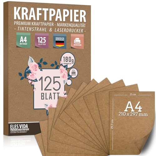 125 Blatt Kraftpapier A4 Set - 180 g - 21 x 29,7 cm - DIN Format - Bastelpapier & Naturkarton Pappe Blätter aus Kraftkarton zum Drucken, Kartonpapier Basteln für Vintage Hochzeit Geschenke Etiketten von ELES VIDA