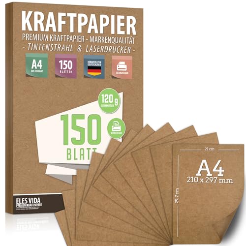 150 Blatt Kraftpapier A4 Set - 120 g - 21 x 29,7 cm - DIN Format - Bastelpapier & Naturkarton Pappe Blätter aus Kraftkarton zum Drucken, Kartonpapier Basteln für Vintage Hochzeit Geschenke Etiketten von ELES VIDA