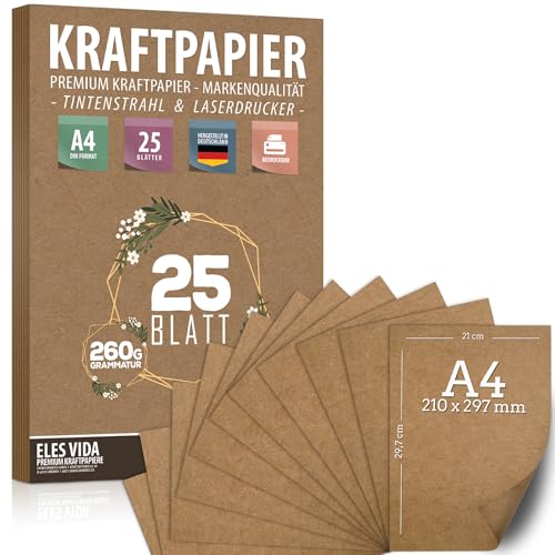 25 Blatt Kraftpapier A4 Set - 260 g - 21 x 29,7 cm - DIN Format - Bastelpapier & Naturkarton Pappe Blätter aus Kraftkarton zum Drucken, Kartonpapier Basteln für Vintage Hochzeit Geschenke Etiketten von ELES VIDA