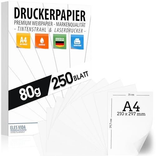 250 BLATT Druckerpapier A4 80g weiß – PREMIUM PAPIER Reinweiß - DIN A4-21 x 29,7 cm - Kopierpapier, Laserdrucker & Tintenstrahl für Uni, Fotografie, Präsentationen, Basteln - Ideal für Kopiergeräte 250 BLATT Druckerpapier A4 80g weiß – PREMIUM PAPIER Reinweiß - DIN A4-21 x 29,7 cm - Kopierpapier, Laserdrucker & Tintenstrahl für Uni, Fotografie, Präsentationen, Basteln - Ideal für Kopiergeräte von ELES VIDA