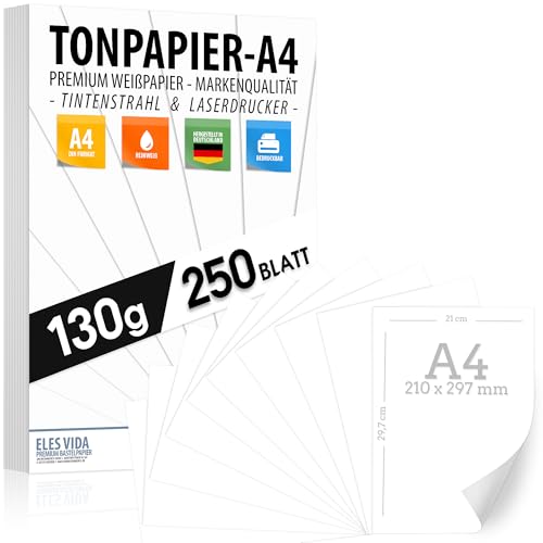 250 BLATT weißes Tonzeichenpapier 130g/m² - PREMIUM PAPIER Reinweiß - DIN A4-21 x 29,7 cm - Druckerpapier Weiss unbedruckt für Fotografie, Präsentationen, Basteln, FOTOKARTON, Karton - MADE IN GERMANY von ELES VIDA