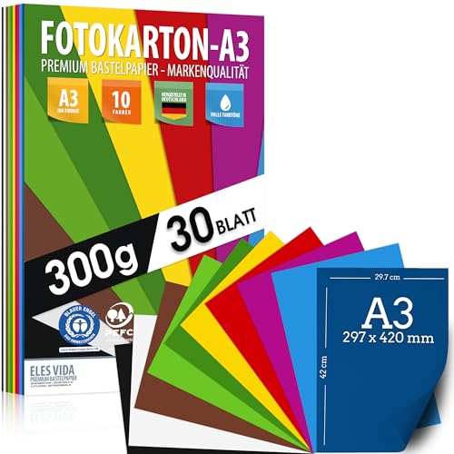 30 Blatt BUNTES PAPIER DIN A3-300g/m² Fotokarton Set 10 Farben - Bastelpapier & Farbige Blätter Pappe, Kinder & DIY Bogen, Basteln für Fotoalbum - BLAUER ENGEL & PEFC zertifiziert - MADE IN GERMANY von ELES VIDA