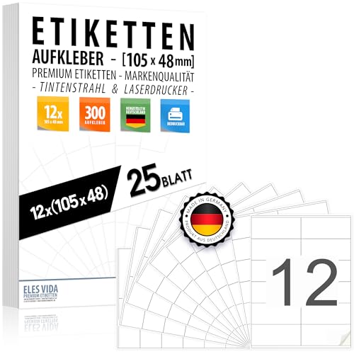 300 Selbstklebende 105 x 48 Adressaufkleber (12 pro DIN A4 Bogen), Adressetiketten bedruckbar mit Inkjet- und Laserdrucker Aufkleber, Drucker Etiketten - MADE IN GERMANY von ELES VIDA
