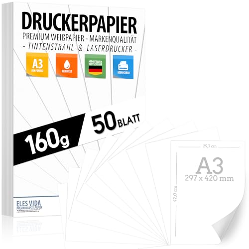 50 BLATT Weißes Druckerpapier A3 160g weiß – PREMIUM PAPIER Reinweiß - 29,7 x 42 cm - Zeichenpapier dick,unbedruckt für Uni, Fotografie, Präsentationen, Basteln, hochwertiges Plakat und Posterpapier von ELES VIDA