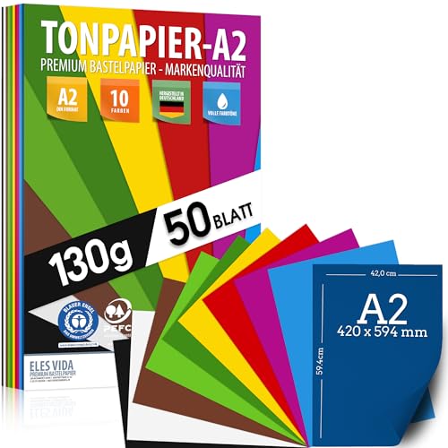 50 Blatt BUNTES PAPIER DIN A2-130g/m² Tonpapier Set 10 Farben - Bastelpapier & Farbige Blätter Pappe, Kinder & DIY Bogen, Zubehör zum Basteln für Fotoalbum Geschenke, Kreativ sein, MADE IN GERMANY von ELES VIDA