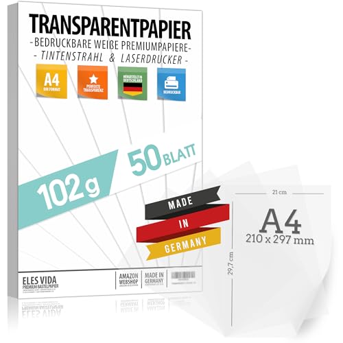 50 Blatt Blatt Transparentpapier bedruckbar DIN A4 PREMIUM 102g zum selber Bedrucken, Basteln Laternenpapier – Abpauspapier – Pauspapier, Tischkarten und Laternen selber basteln aus deutschland von ELES VIDA
