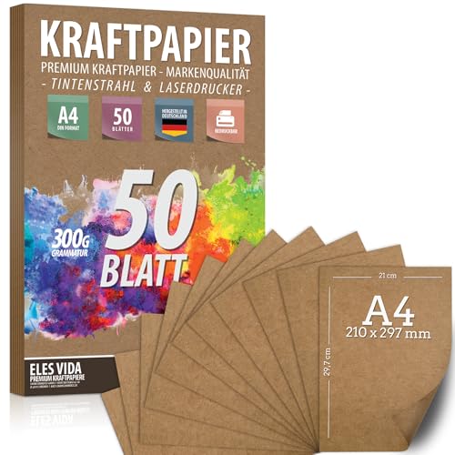 50 Blatt Kraftpapier A4 - 300 g - 21 x 29,7 cm - Bedruckbar - DIN Format, Naturkarton & DIY Deko Bastelpapier Pappe Blätter aus Kraftkarton zum Basteln für Hochzeit, Vintage Geschenke Kartonpapier von ELES VIDA