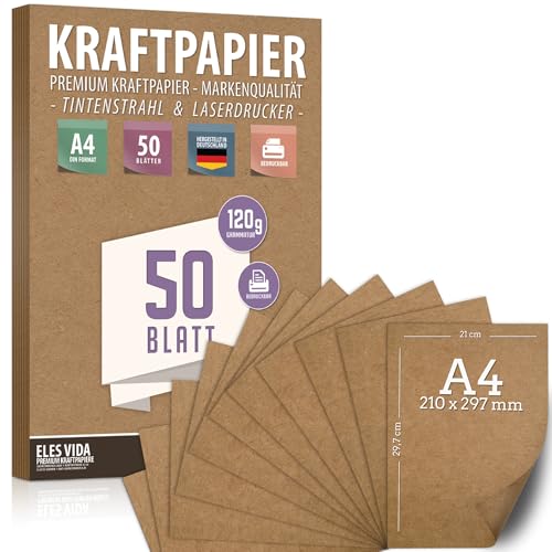 50 Blatt Kraftpapier A4 Set - 120 g - 21 x 29,7 cm - DIN Format - Bastelpapier & Naturkarton Pappe Blätter aus Kraftkarton zum Drucken, Kartonpapier Basteln für Vintage Hochzeit Geschenke Etiketten von ELES VIDA