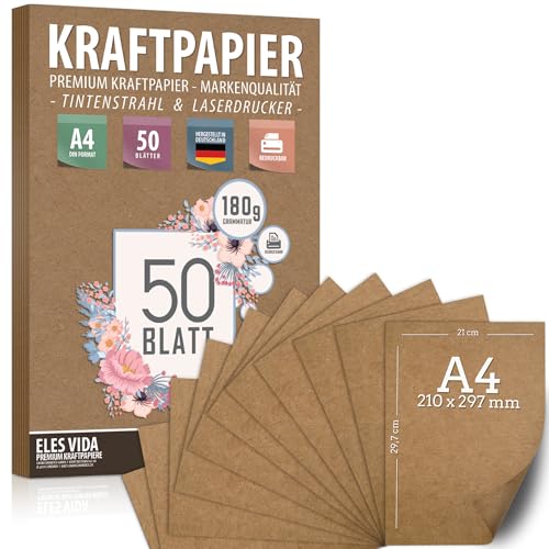 50 Blatt Kraftpapier A4 Set - 180 g - 21 x 29,7 cm - DIN Format - Bastelpapier & Naturkarton Pappe Blätter aus Kraftkarton zum Drucken, Kartonpapier Basteln für Vintage Hochzeit Geschenke Etiketten von ELES VIDA