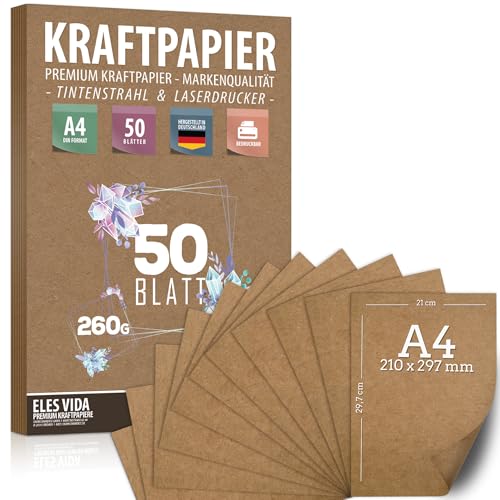 50 Blatt Kraftpapier A4 Set - 260 g - 21 x 29,7 cm - DIN Format - Bastelpapier & Naturkarton Pappe Blätter aus Kraftkarton zum Drucken, Kartonpapier Basteln für Vintage Hochzeit Geschenke Etiketten von ELES VIDA