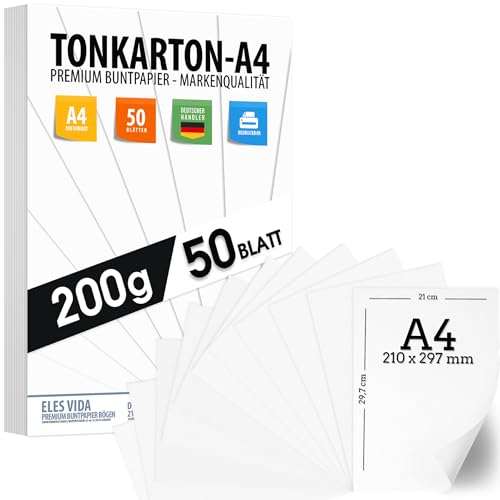 50 Blatt Papier 200g/m² Weiß Matt, PREMIUM PAPIER Reinweiß DIN A4-21 x 29,7 cm - Druckerpapier unbedruckt Digitaldruckpapier, Laserdrucker & Tintenstrahl - Fotopapier - Beidseitig bedruckbar TONKARTON von ELES VIDA