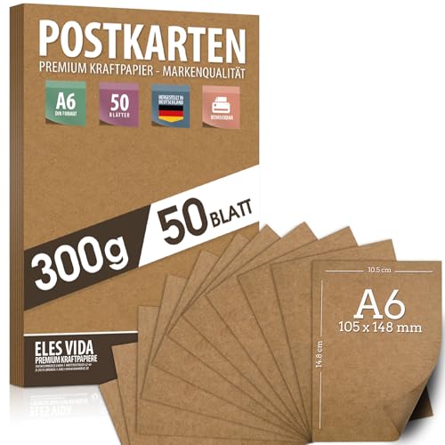 Blanko Postkarten Kraftpapier zum Selbstgestalten DIN A6 Set - 300g - 10,5 x 14,8 cm Naturkarton Pappe Blätter aus Kraftkarton zum Drucken, Kartonpapier Basteln für Hochzeit Geschenke Etiketten 50 Stk von ELES VIDA