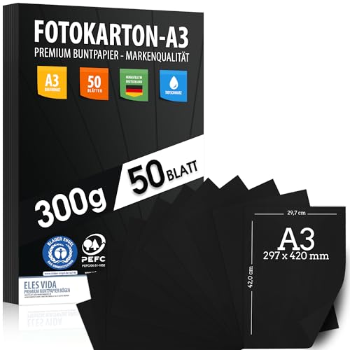 50 Blatt SCHWARZER Bastelkarton 300g/m² – PREMIUM PAPIER Tiefschwarz - DIN A3 - Druckerpapier Schwarz unbedruckt für Fotografie, Präsentationen, Basteln, FOTOKARTON, Karton - MADE IN GERMANY von ELES VIDA