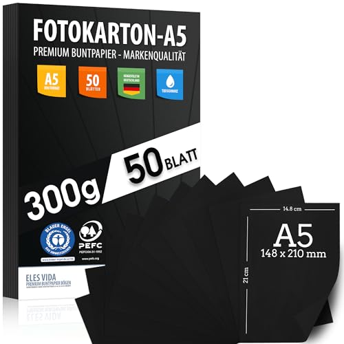 50 Blatt SCHWARZER Bastelkarton 300g/m² – Fotokarton A5 - PREMIUM PAPIER Tiefschwarz - DIN A5 - Druckerpapier Schwarz unbedruckt für Fotografie, Präsentationen, Basteln, Karton - MADE IN GERMANY von ELES VIDA