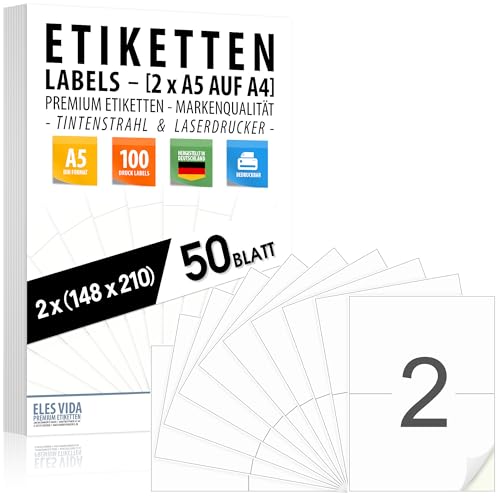 50 Blatt Selbstklebende DIN A5 Etiketten auf A4 - (100 Labels) - (2 pro A4 Bogen) 210 x 148 mm, bedruckbar, matte weiße Oberfläche, für Inkjet- und Laserdrucker, Für viele Bereiche - MADE IN GERMANY von ELES VIDA