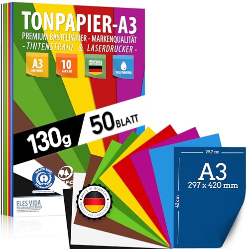 50 Blatt Tonzeichenpapier DIN A3 – 130 g - 10 Farben – Festes Papier - Farbige Blätter für Schule, Hobby - Kinder & DIY Bögen, Bastel Zubehör - Kopierpapier, Geschenke, BLAUER ENGEL - AUS DEUTSCHLAND von ELES VIDA