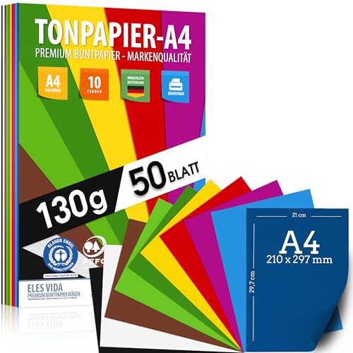 50 Blatt Tonpapier DIN A4 – 130g - PREMIUM - 10 Farben – Papier zum Basteln und Drucken - Bedruckbares Bastelpapier Set für Kinder & DIY Bögen, Bastel Zubehör - Kopierpapier - AUS DEUTSCHLAND von ELES VIDA