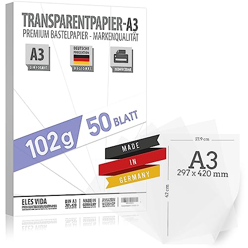 50 Blatt Transparentpapier 102 g/m² DIN A3 BEDRUCKBAR, Pauspapier Bastelpapier Pergamentpapier, Laternen selber machen – Drachenpapier zum Basteln - Bastelset Kinder - Für Laternenzuschnitte von ELES VIDA