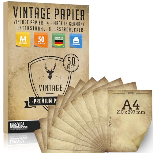 50 Stück Altes Papier 100g/qm DIY DIN A4 Antik Briefpapier beidseitig Druck Kommunion, Papierrolle für Landkarte, Kinder Schatzsuche, Historische Einladungen, Auszeichnungen - DEUTSCHE HERSTELLUNG von ELES VIDA