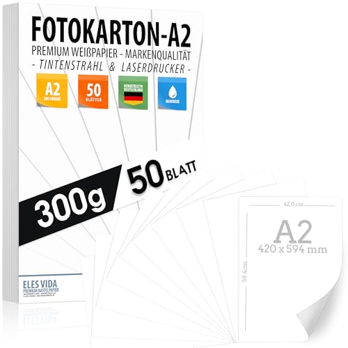 50 Stück - DIN A2 - WEISSER Bastelkarton 300g/m² – PREMIUM PAPIER Reinweiß - 42 × 59,4 cm - Unbedruckt für Fotografie, Präsentationen, Plakate, Basteln, Scrapbooking, Karton - MADE IN GERMANY von ELES VIDA