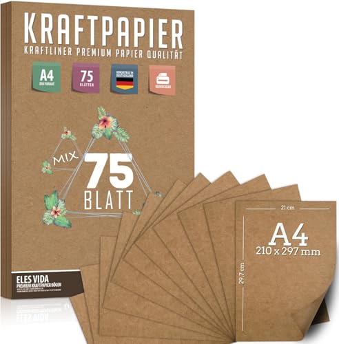 75 Blatt Kraftpapier A4 Set - 120g & 180g & 260g - 21 x 29,7 cm - DIN Format - Bastelpapier & Naturkarton Pappe Blätter aus Kraftkarton zum Drucken, Kartonpapier Basteln für Vintage Hochzeit 75 Blatt Kraftpapier A4 Set - 120g & 180g & 260g - 21 x 29,7 cm - DIN Format - Bastelpapier & Naturkarton Pappe Blätter aus Kraftkarton zum Drucken, Kartonpapier Basteln für Vintage Hochzeit von ELES VIDA