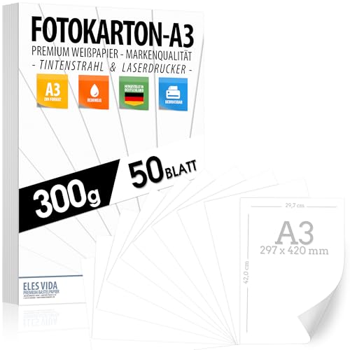 A3 Bastelkarton 300g/m² – 50 Blatt Fotokarton - PREMIUM PAPIER Reinweiß - Weißes Druckerpapier Weiss unbedruckt für Fotografie, Präsentationen, Basteln, FOTOKARTON, Karton - MADE IN GERMANY von ELES VIDA