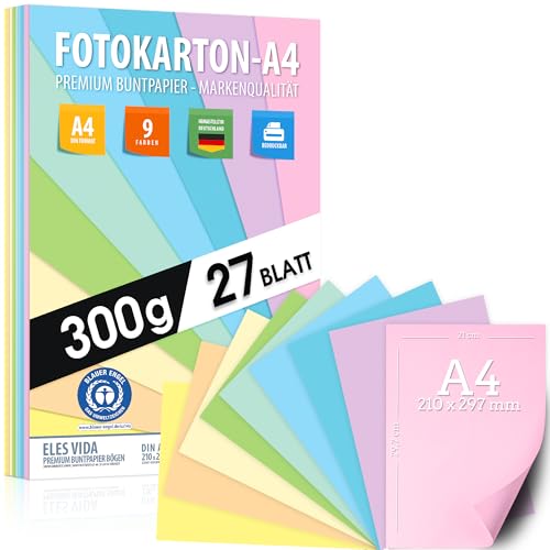 Buntes Papier Pastell Fotokarton DIN A4 – 300g - 9 Farben – Festes Papier - Farbige Pastel Blätter für Schule, Kinder & DIY Bögen, Bastel Zubehör - Geschenke, Buntpapier Pastellfarben 27 Blatt von ELES VIDA