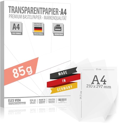 DIN A4 Transparentpapier 100 Blatt A4 85 g/m² BEDRUCKBAR - Pergamynpapier - Pergamentpapier Transparenzpapier - Zeichnen Pauspapier Laternenpapier - Für Laternenzuschnitte von ELES VIDA