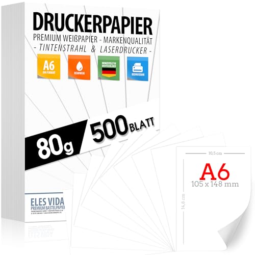 Druckerpapier 80g weiß A6-500 Blatt – Blatt - PREMIUM PAPIER Reinweiß - Kopierpapier, Laserdrucker & Tintenstrahl für Uni, Fotografie, Präsentationen Ideal für Büro & Office - MADE IN GERMANY von ELES VIDA