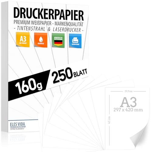 Druckerpapier A3 160g weiß – 250 Blatt - PREMIUM PAPIER Reinweiß - 29,7 x 42 cm - Zeichenpapier dick,unbedruckt für Uni, Fotografie, Präsentationen, Basteln, hochwertiges Plakat - MADE IN GERMANY von ELES VIDA