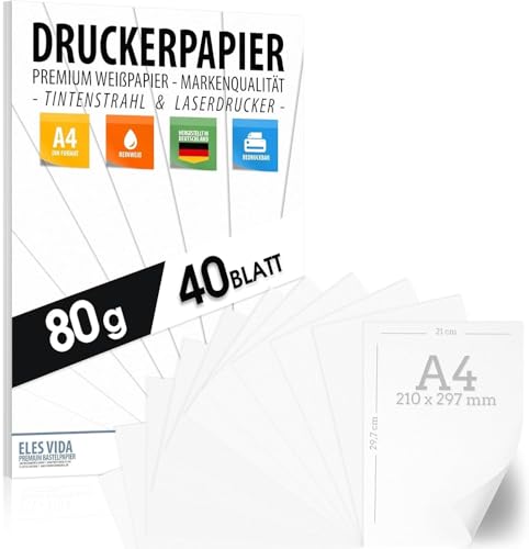 Druckerpapier A4 80g weiß – 40 Blatt - PREMIUM PAPIER Reinweiß - DIN A4-21 x 29,7 cm - Kopierpapier, Laserdrucker & Tintenstrahl für Uni, Fotografie, Präsentationen Ideal für Büro & Office von ELES VIDA