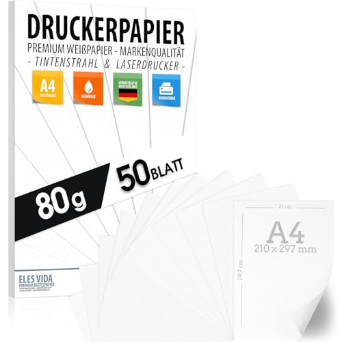 Druckerpapier A4 80g weiß – 50 Blatt - PREMIUM PAPIER Reinweiß - DIN A4-21 x 29,7 cm - Kopierpapier, Laserdrucker & Tintenstrahl für Uni, Fotografie, Präsentationen Ideal für Büro & Office von ELES VIDA