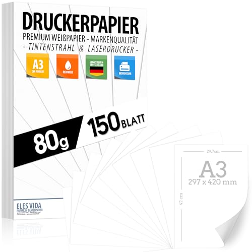 Druckerpapier weiß A3 – 150 Blatt - PREMIUM PAPIER Reinweiß 80g - DIN - Kopierpapier, Laserdrucker & Tintenstrahl für Uni, Fotografie, Präsentationen, Basteln - Kopiergeräte - MADE IN GERMANY Druckerpapier weiß A3 – 150 Blatt - PREMIUM PAPIER Reinweiß 80g - DIN - Kopierpapier, Laserdrucker & Tintenstrahl für Uni, Fotografie, Präsentationen, Basteln - Kopiergeräte - MADE IN GERMANY von ELES VIDA