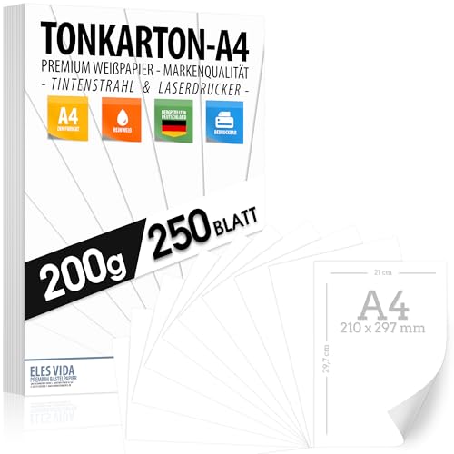 Druckpapier 200 g/m2 A4-250 Blatt - PREMIUM PAPIER Schneeweiß - DIN A4 - Druckerpapier Weiß unbedruckt - Fotopapier matt, Briefe, Pappe, Präsentationen Bogen, TONKARTON, Scrapbooking, Kopierpapier von ELES VIDA