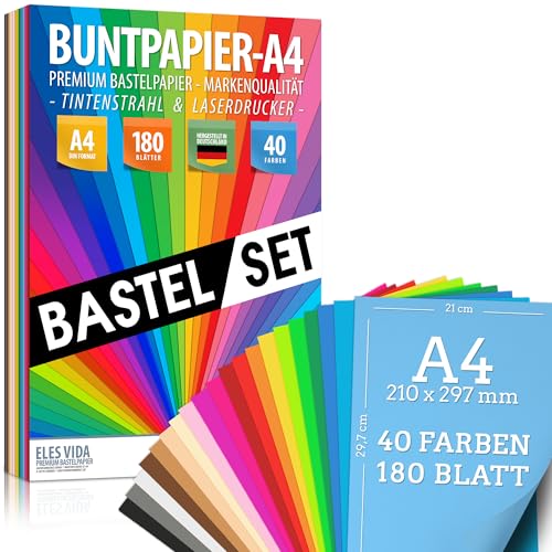 ELES VIDA - Buntes Papier A4 - MEGA Bastel-Set – 180 Blatt Buntpapier, 40 Farben & Premium Bastelpapier 80g/m² Origami Papier, Basteln, Farbiges DIY Zubehör & Bastelsets für Kinder - MADE IN GERMANY von ELES VIDA