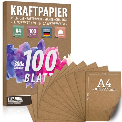 Kraftpapier A4 - 300 g - 21 x 29,7 cm - Bedruckbar - DIN Format, Naturkarton & DIY Deko Bastelpapier Pappe Blätter aus Kraftkarton zum Basteln für Hochzeit, Vintage Geschenke Kartonpapier 100 Blatt von ELES VIDA