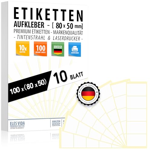 Namensetiketten selbstklebend und bedruckbar 80 x 50 mm - 10 Blatt - 100 Etiketten - Rückstandsfrei abziehbare, Namensschilder wiederablösbar, MADE IN DEUTSCHLAND von ELES VIDA