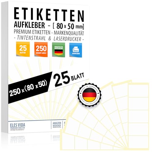 Namensetiketten selbstklebend und bedruckbar 80 x 50 mm - 25 Blatt - 250 Etiketten - Rückstandsfrei abziehbare, Namensschilder wiederablösbar, MADE IN DEUTSCHLAND von ELES VIDA