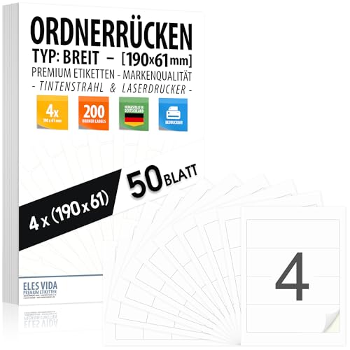 Ordnerrücken selbstklebend 190 x 61 mm – 200 selbstklebende Ordneretiketten für Breite Ringordner, matt weiß, für Ringhefter und Schulordner, Ordnerrückenschild, kompatibel mit Tinte- & Laserdruckern von ELES VIDA