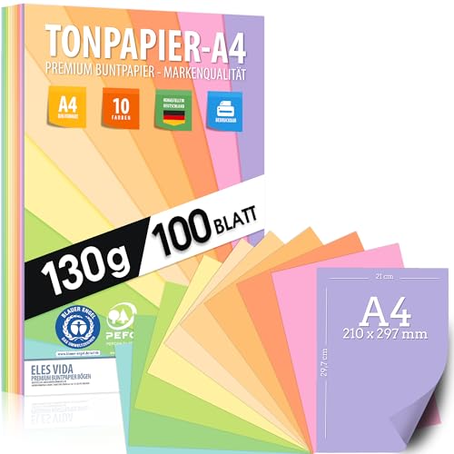 Pastell Tonzeichenpapier DIN A4-100 Blatt– 130 g - 10 Farben – Festes Papier - Farbige Pastel Blätter für Schule, Hobby - Kinder & DIY Bögen, Bastel Zubehör - Geschenke, Buntpapier Pastellfarben von ELES VIDA