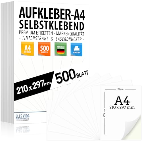 Selbstklebende DIN A4 Etiketten 210x297 mm, universell bedruckbar, matte weiße Oberfläche, kompatibel mit Inkjet- und Laserdruckern, ideal für vielseitige Anwendungen - (500) von ELES VIDA