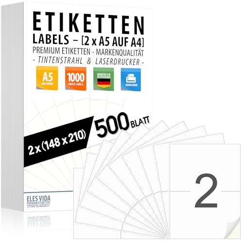 Selbstklebende DIN A5 Etiketten (2 pro DIN A4 Bogen) 210 x 148 mm, bedruckbar, matt weiß, Für Inkjet- und Laserdruckern, Aufkleber, viele Bereiche - MADE IN GERMANY - 500 Blatt (1000 Labels) von ELES VIDA